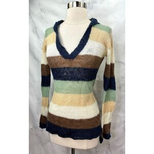 Vintage hooded knit sweater Y2k mohair Blend SZ L Colorful Striped V-Neck 2000